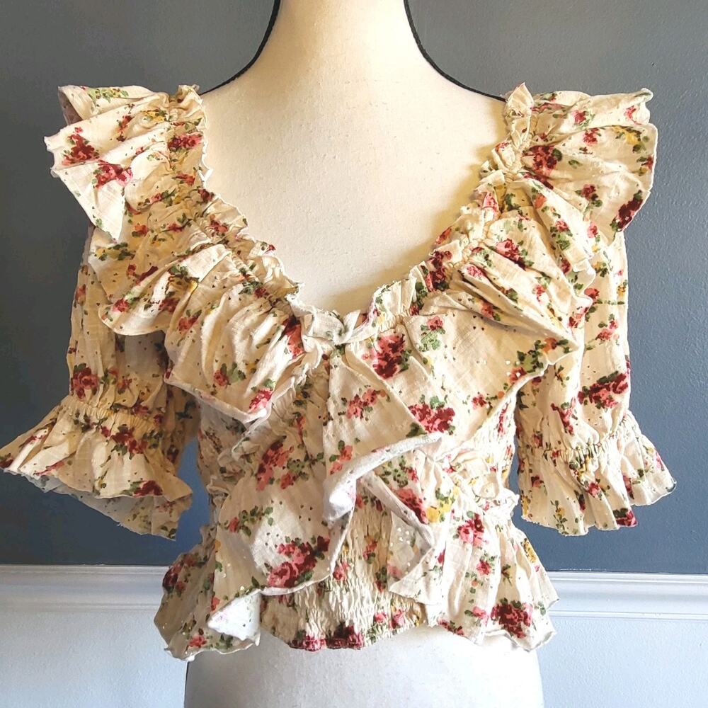 Free People Favorite Girl Floral Ruffle Smocked Top Boho Blouse Small